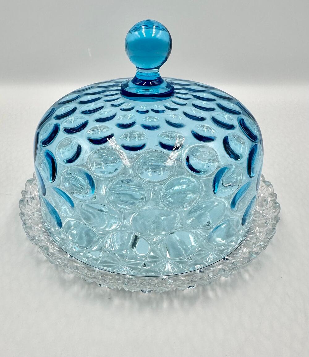 Hobb's Blue Inverted Thumbprint Victorian Glass Butter Dish Daisy & Button Base